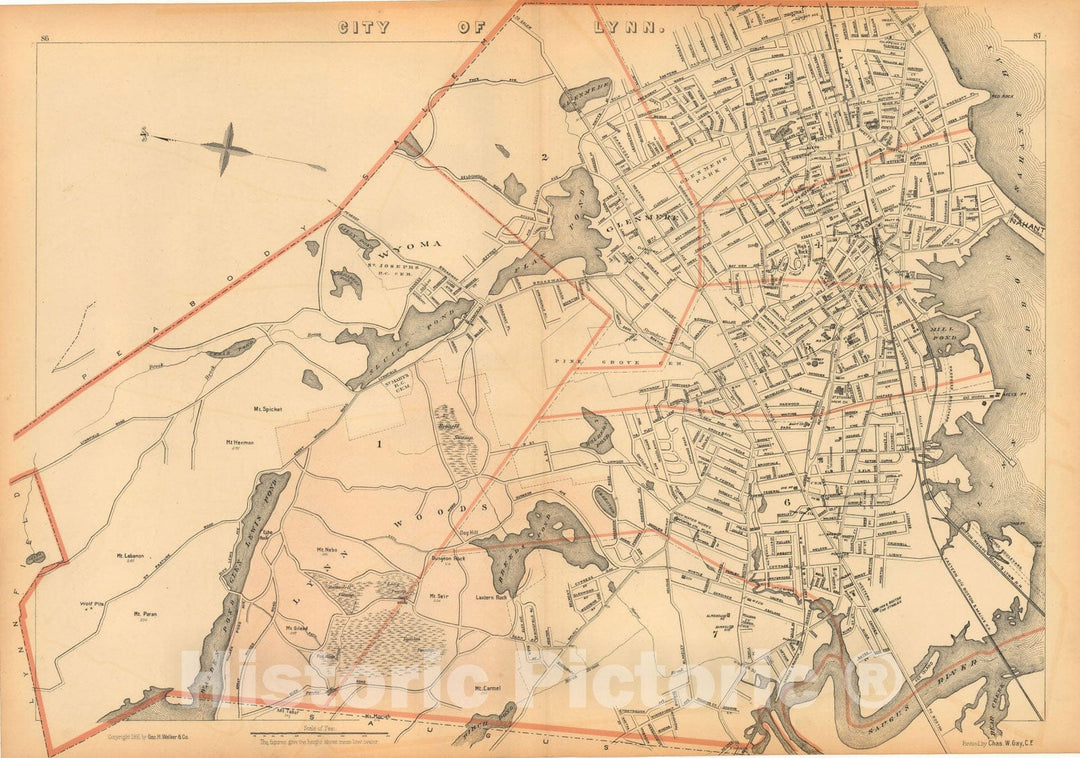 Historic Map : Atlas of Massachusetts, Lynn 1891 , Vintage Wall Art