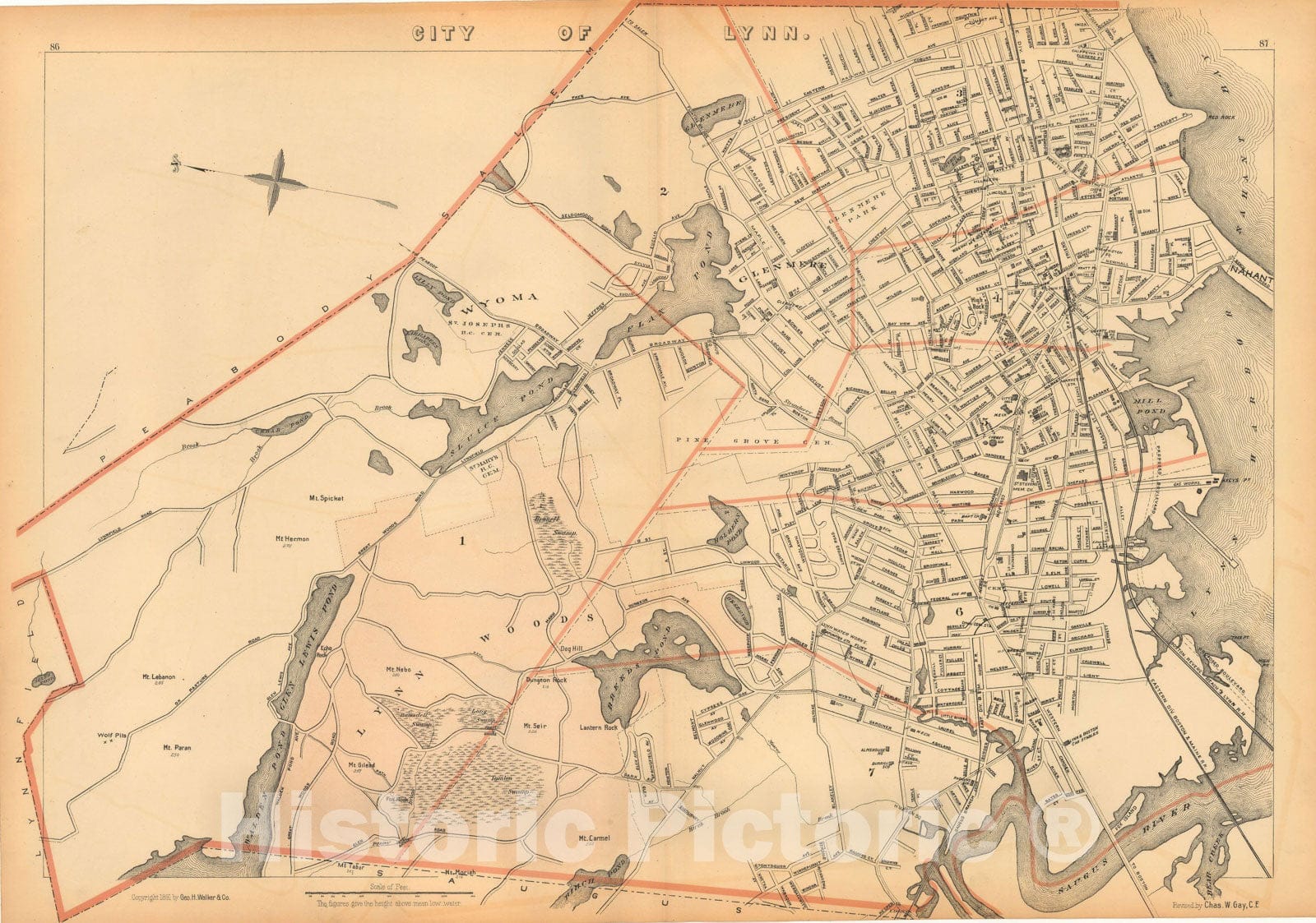 Historic Map : Atlas of Massachusetts, Lynn 1891 , Vintage Wall Art
