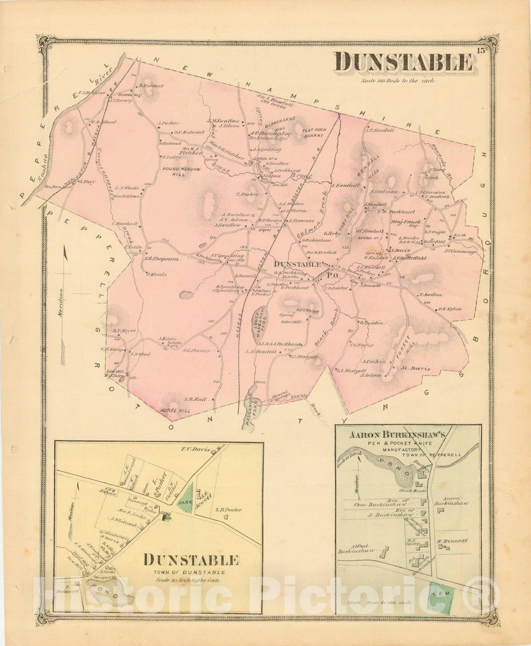 Historic Map : County Atlas of Middlesex Massachusetts, Dunstable 1875 , Vintage Wall Art