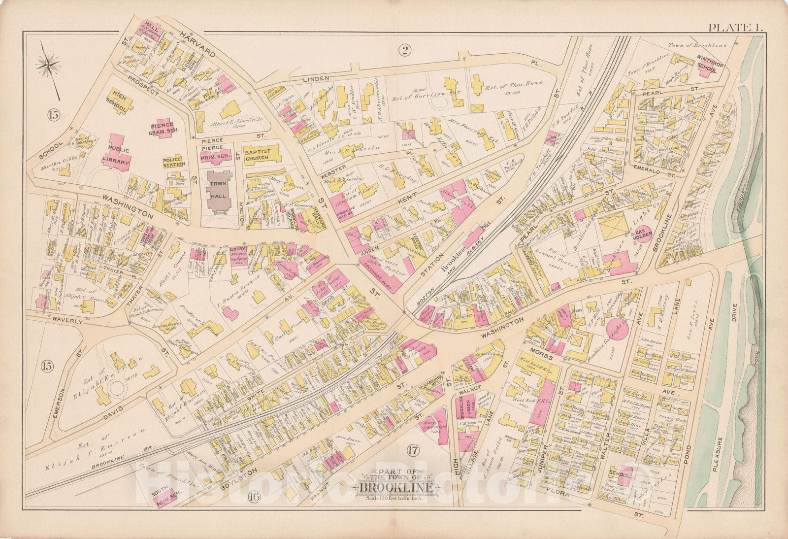 Historic Map : Atlas Town of Brookline, Brookline 1893 Plate 001 , Vintage Wall Art