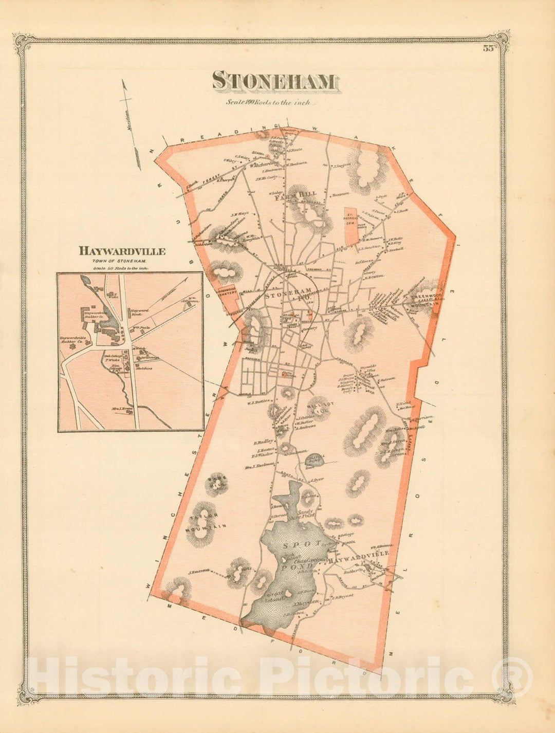 Historic Map : County Atlas of Middlesex Massachusetts, Stoneham 1875 , v2, Vintage Wall Art