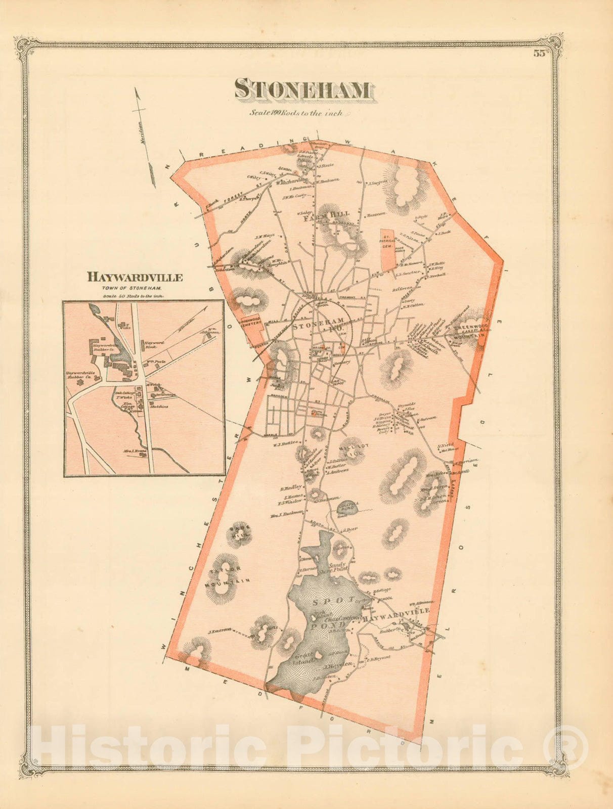 Historic Map : County Atlas of Middlesex Massachusetts, Stoneham 1875 , v2, Vintage Wall Art