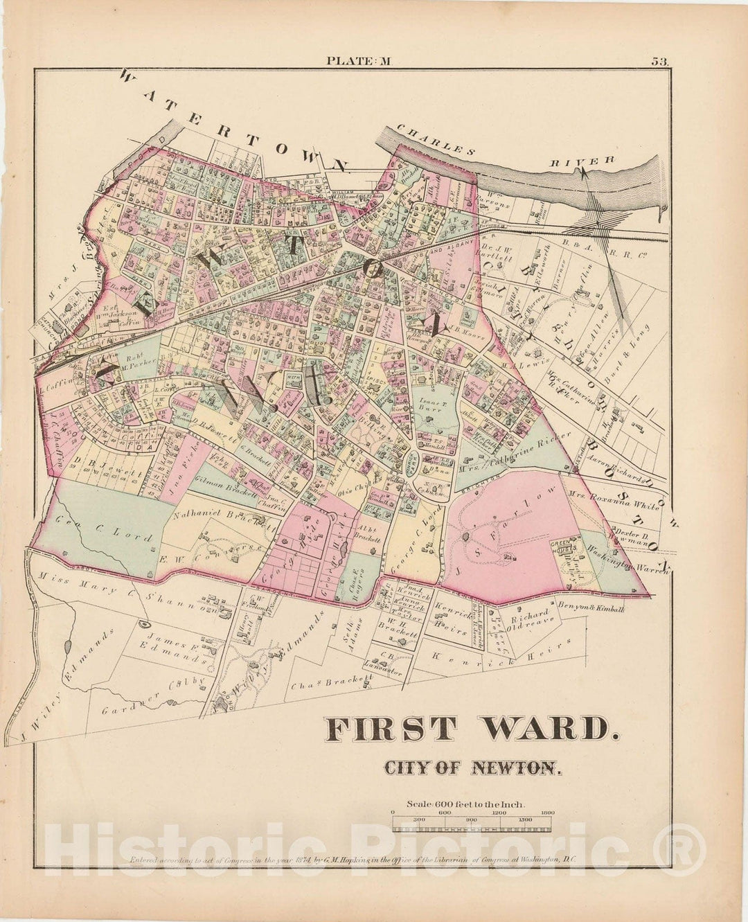 Historic Map : City of Newton, Middlesex County, Newton 1874 Plate M , Vintage Wall Art