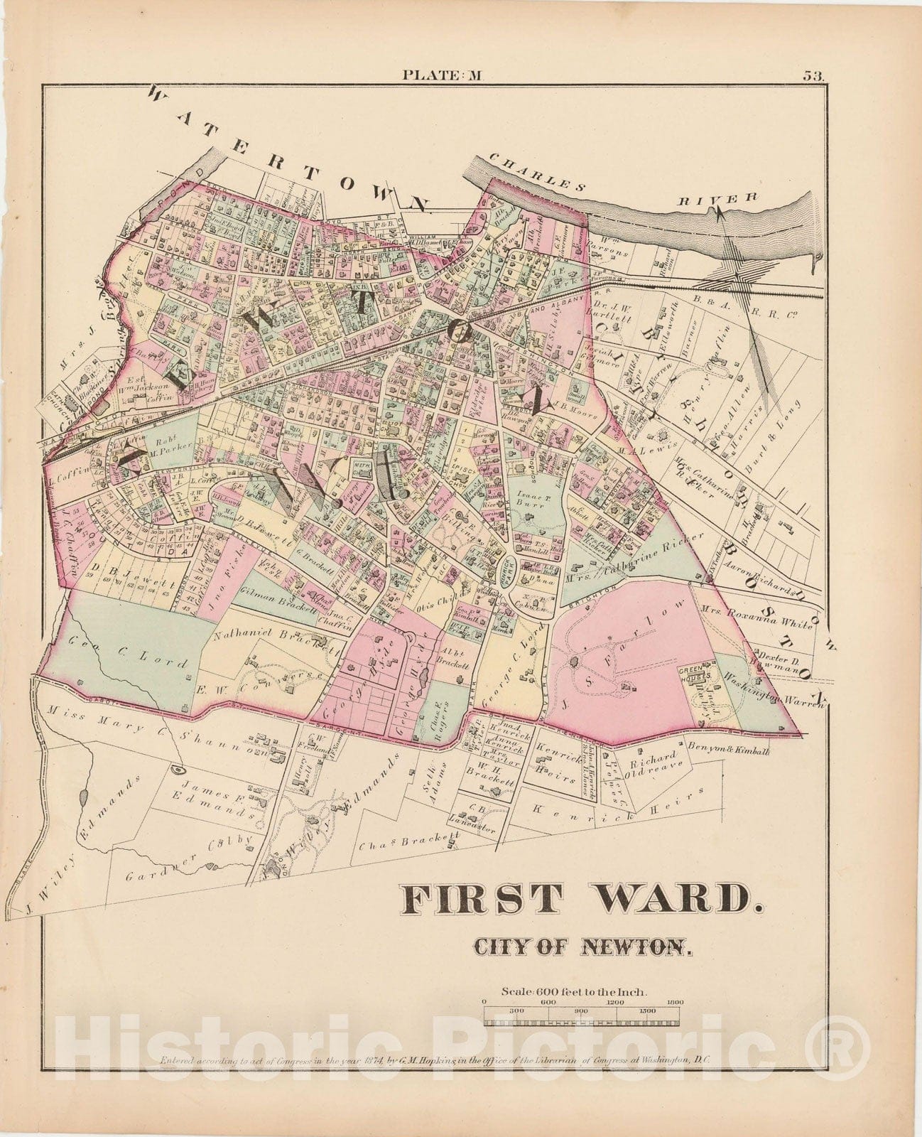 Historic Map : City of Newton, Middlesex County, Newton 1874 Plate M , Vintage Wall Art