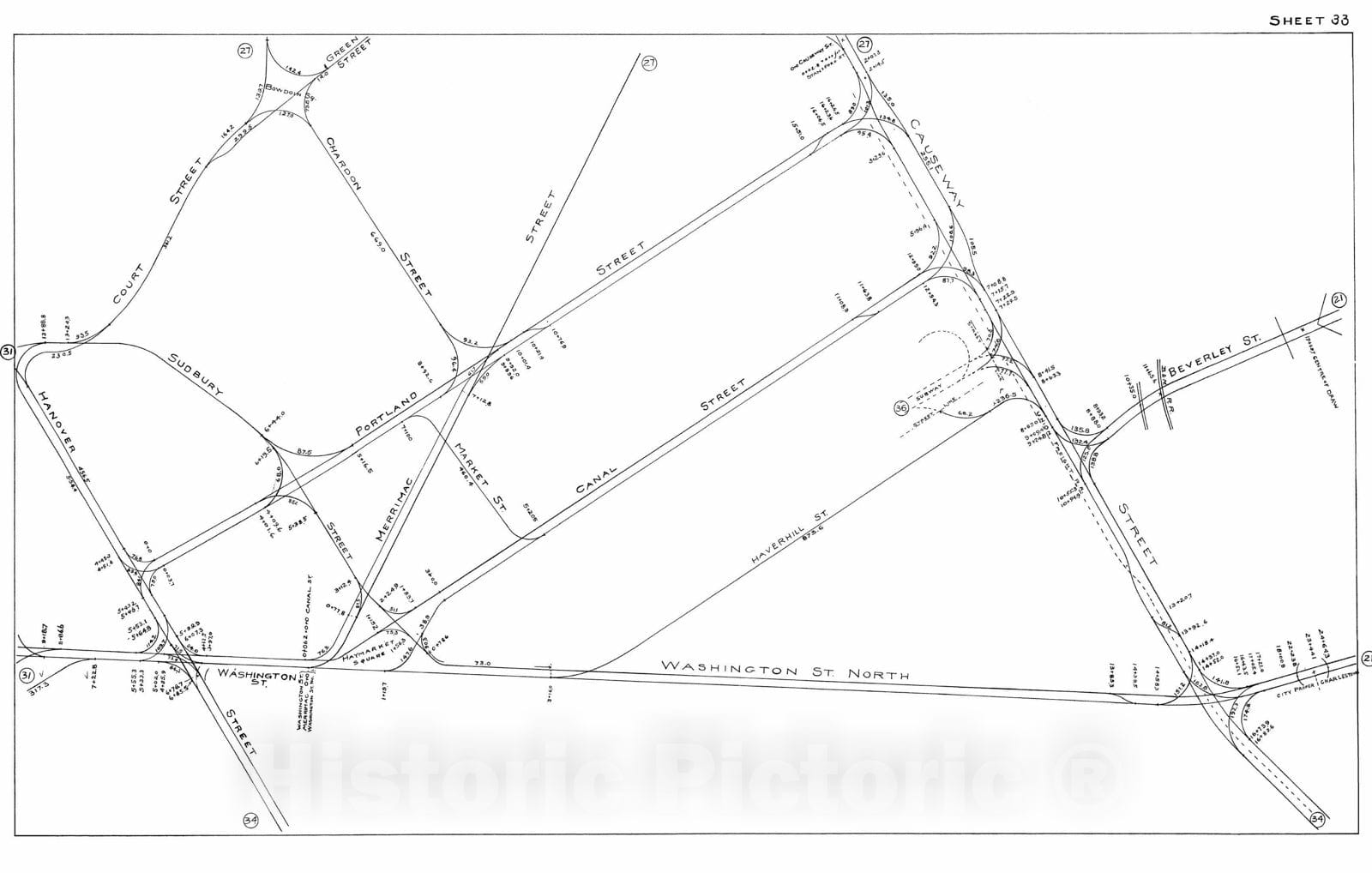 Historic Map : Boston Elevated Railway Track Plans, Boston 1899-1915 Plate 033 , Vintage Wall Art