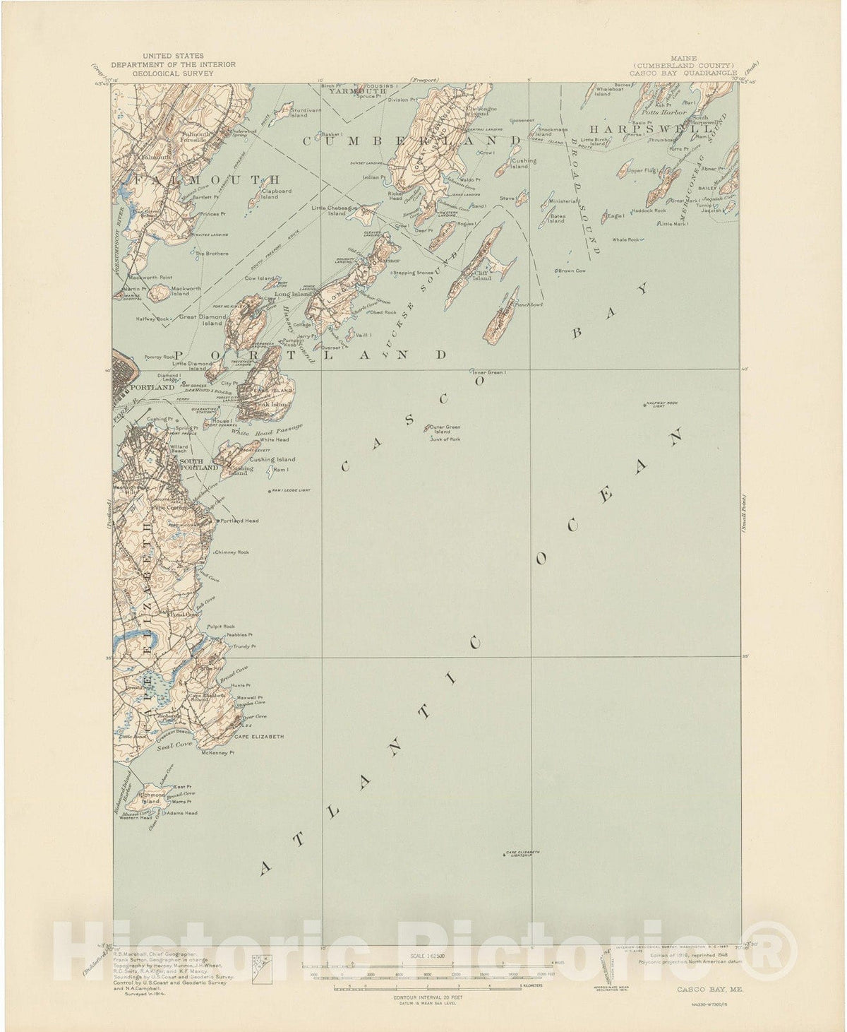 Historic Map : USGS 7.5 Minute Sheets and Quadrangles, Casco Bay & Cumberland & Portland 1948 Topographic Map , Vintage Wall Art