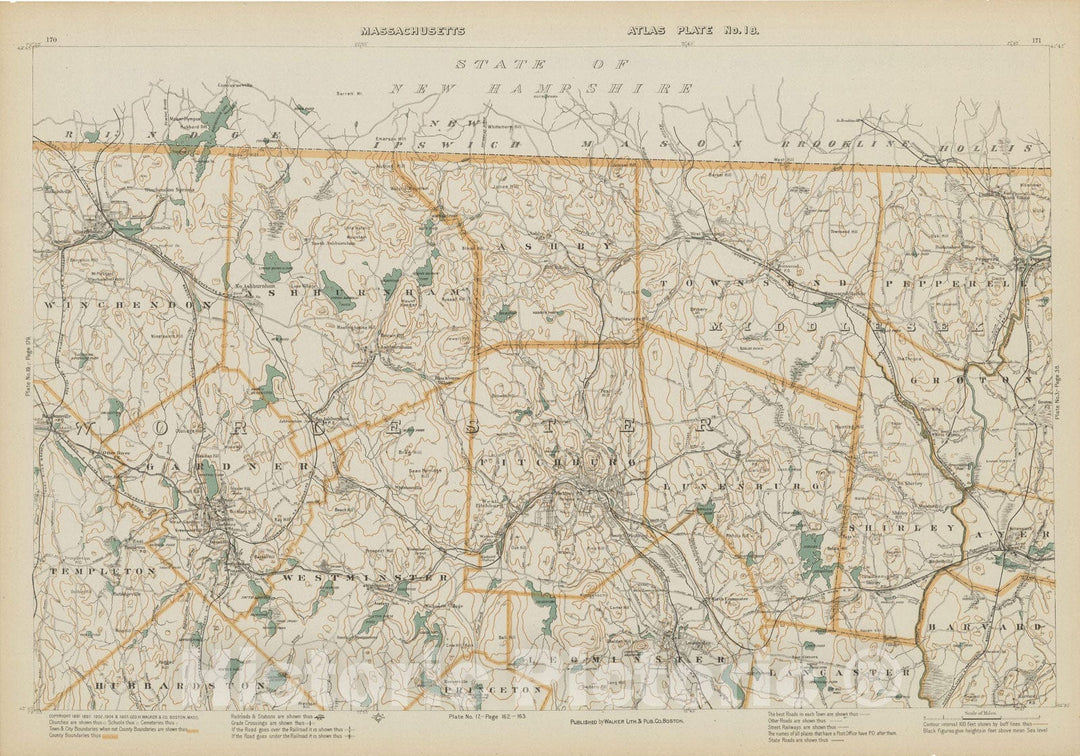 Historic Map : Atlas of Massachusetts, Fitchburg & Gardner & Leominster & Lunenburg & Pepperell & Shirley & Townsend & Winchendon 1908 Plate 018 , Wall Decor Poster Art, Vintage Wall Art
