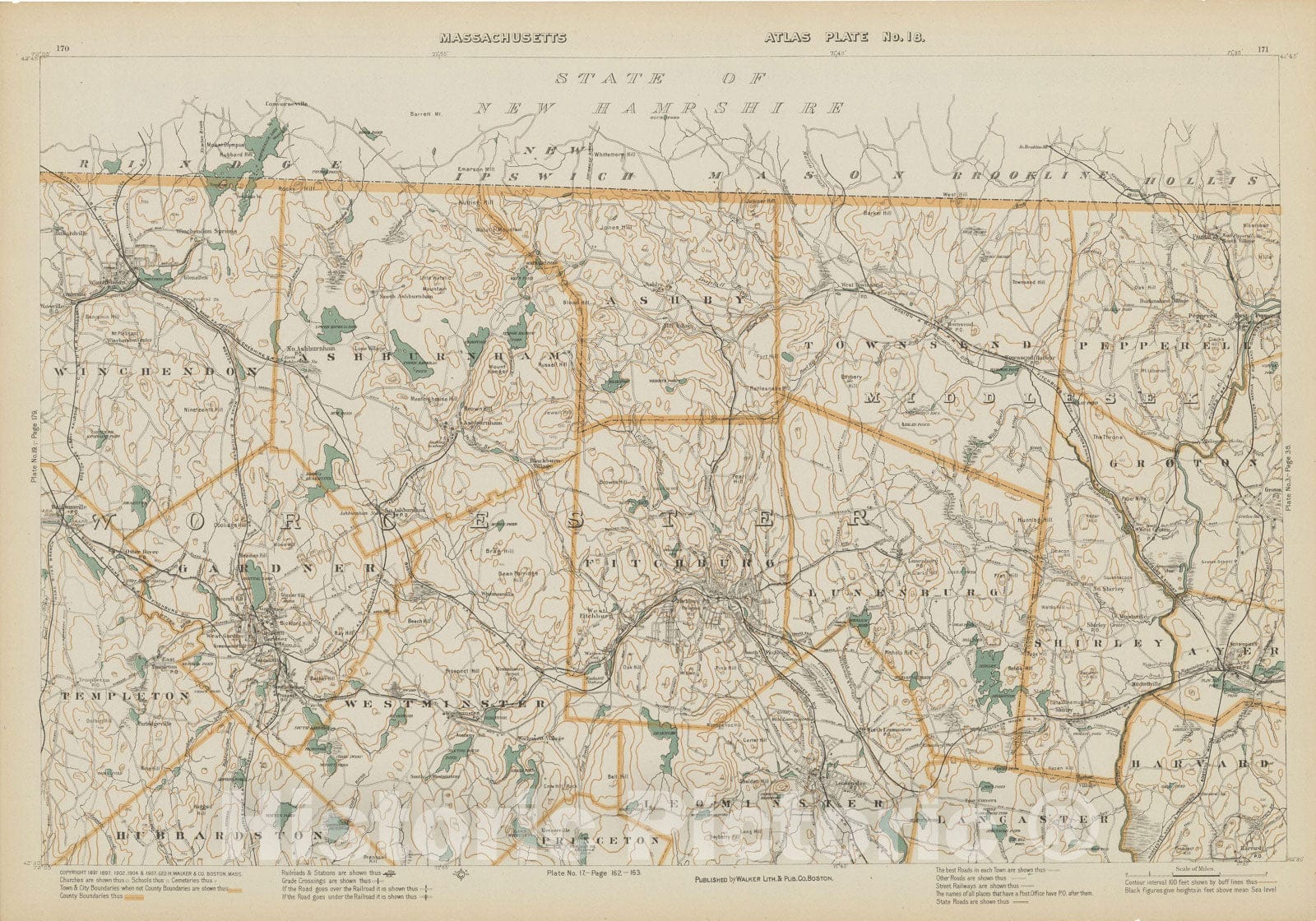 Historic Map : Atlas of Massachusetts, Fitchburg & Gardner & Leominster & Lunenburg & Pepperell & Shirley & Townsend & Winchendon 1908 Plate 018 , Wall Decor Poster Art, Vintage Wall Art