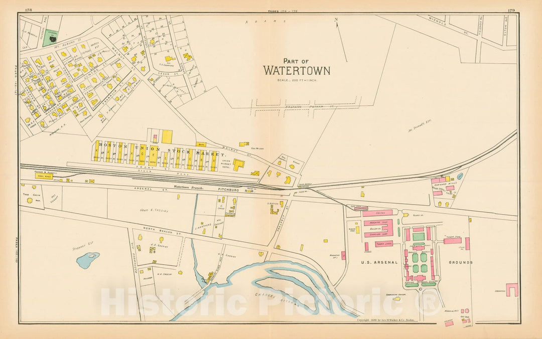 Historic Map : Atlas of Middlesex County, Massachusetts, Watertown 1889 Pages 178-179 , Vintage Wall Art