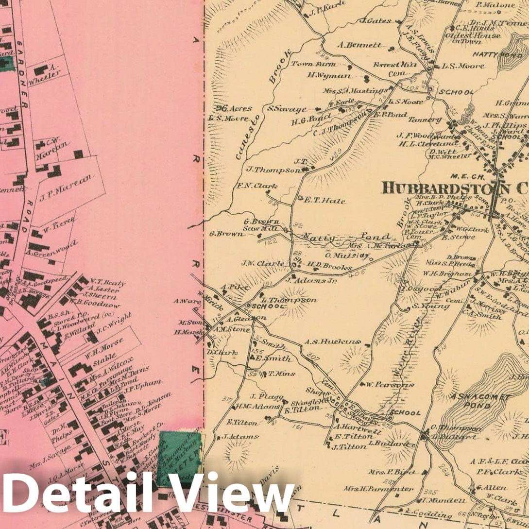 Historic Map : Atlas of Worcester County, Massachsuetts, Hubbardston 1870 , Vintage Wall Art
