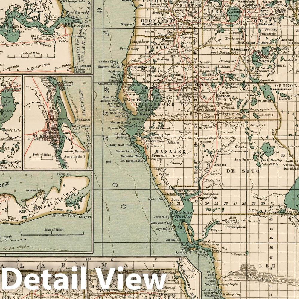 Historic Map : Florida 1897 , The Century Atlas World , Vintage Wall Art