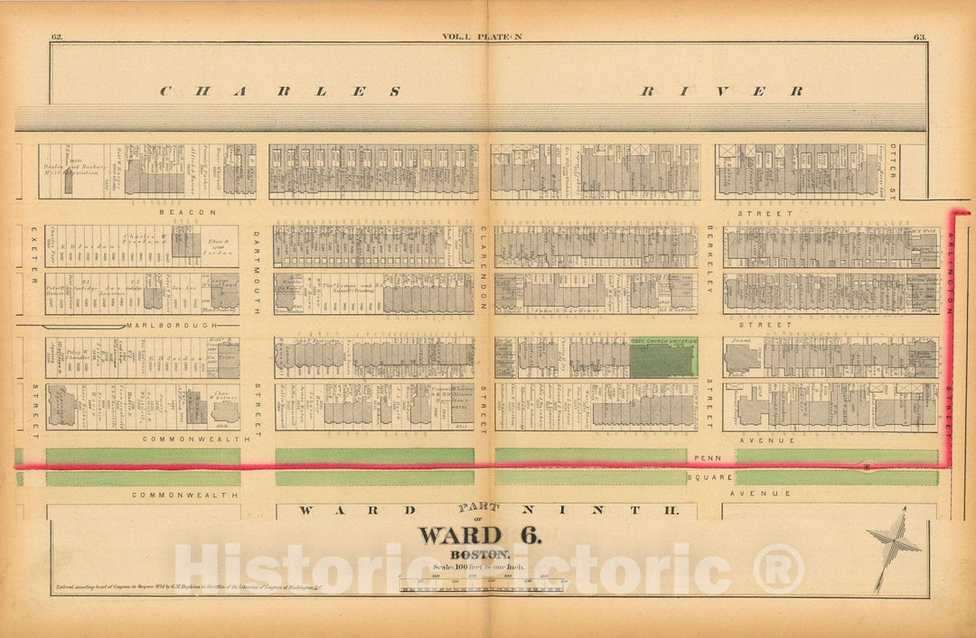 Historic Map : Atlas of County of Suffolk, MA Vol. 1 including Boston Proper, Boston 1874 Plate N , Vintage Wall Art