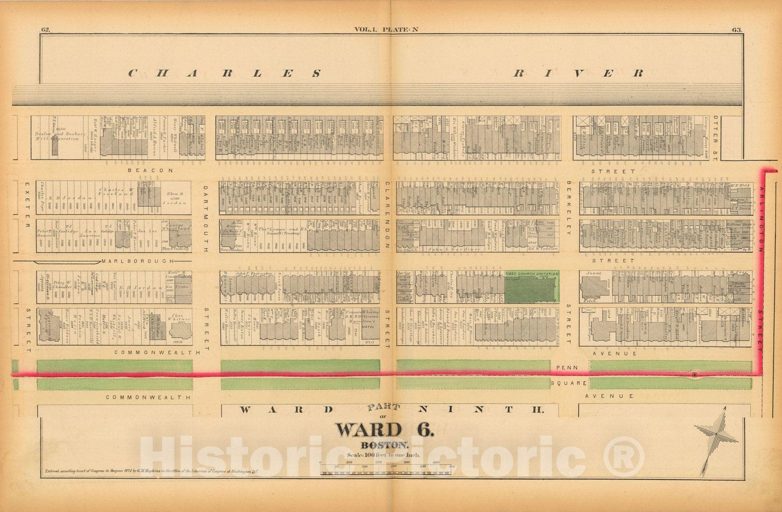 Historic Map : Atlas of County of Suffolk, MA Vol. 1 including Boston Proper, Boston 1874 Plate N , Vintage Wall Art