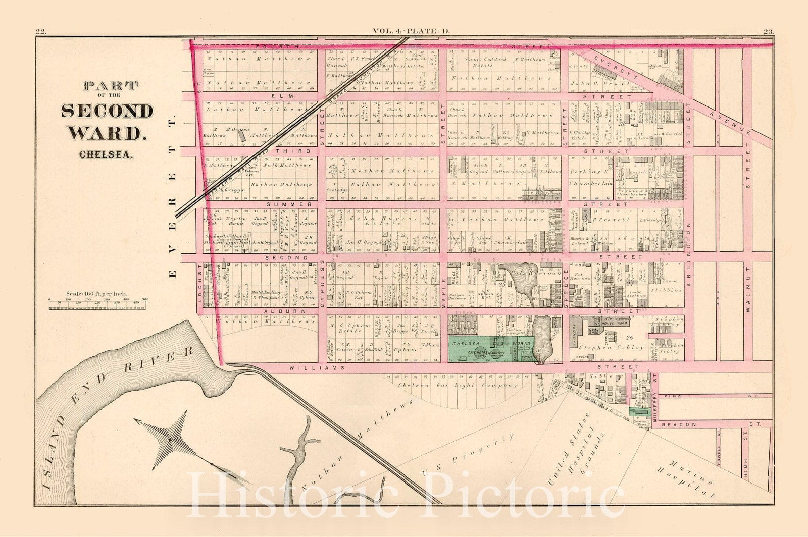 Historic Map : Atlas of county of Suffolk, MA Vol. 4, Chelsea 1874 Plate D , Vintage Wall Art