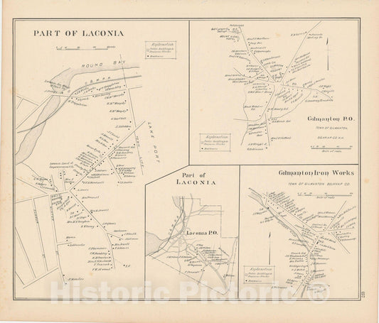 Historic Map : Gilmanton & Laconia 1892 , Town and City Atlas State of New Hampshire , Vintage Wall Art