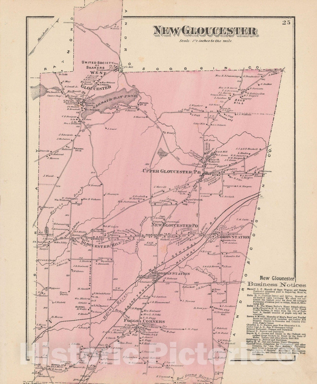 Historic Map : Atlas of Cumberland County Maine, New Gloucester 1871 , Vintage Wall Art
