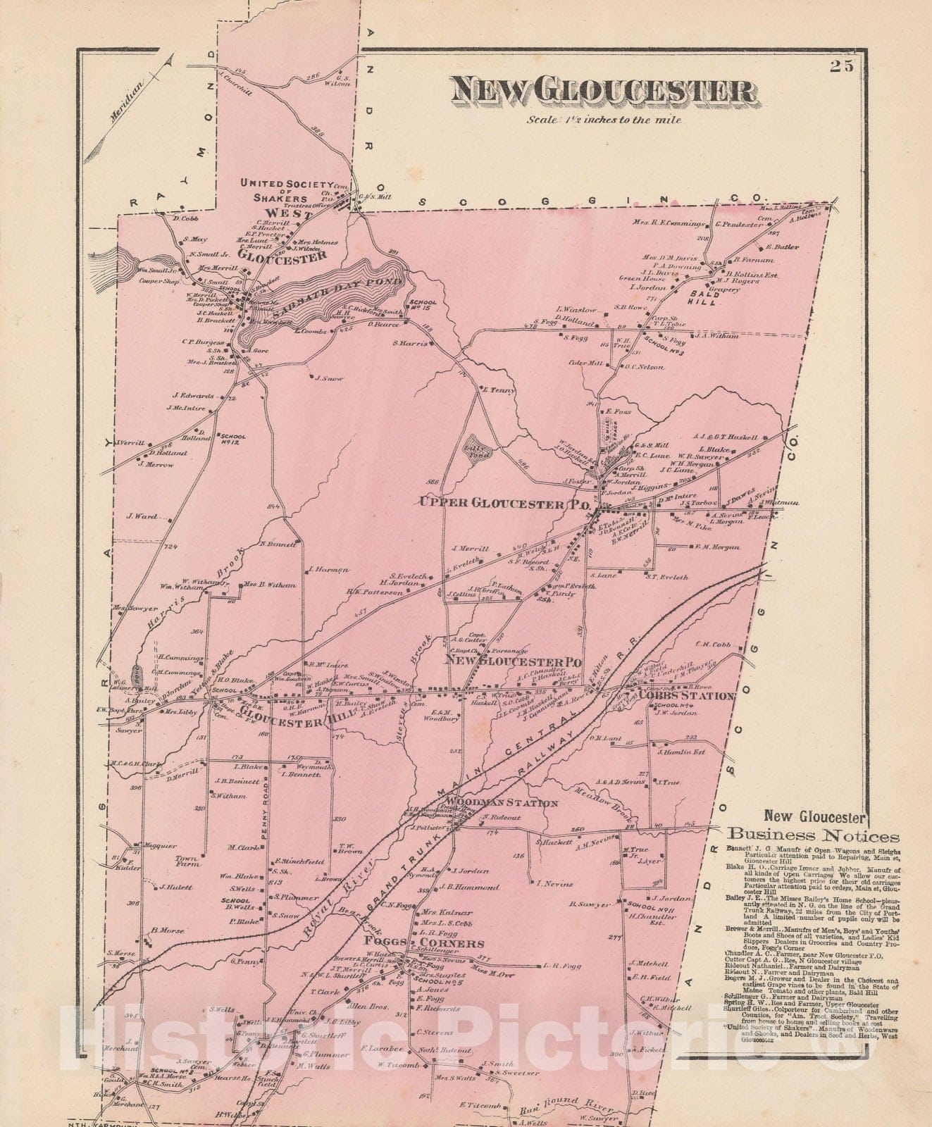 Historic Map : Atlas of Cumberland County Maine, New Gloucester 1871 , Vintage Wall Art