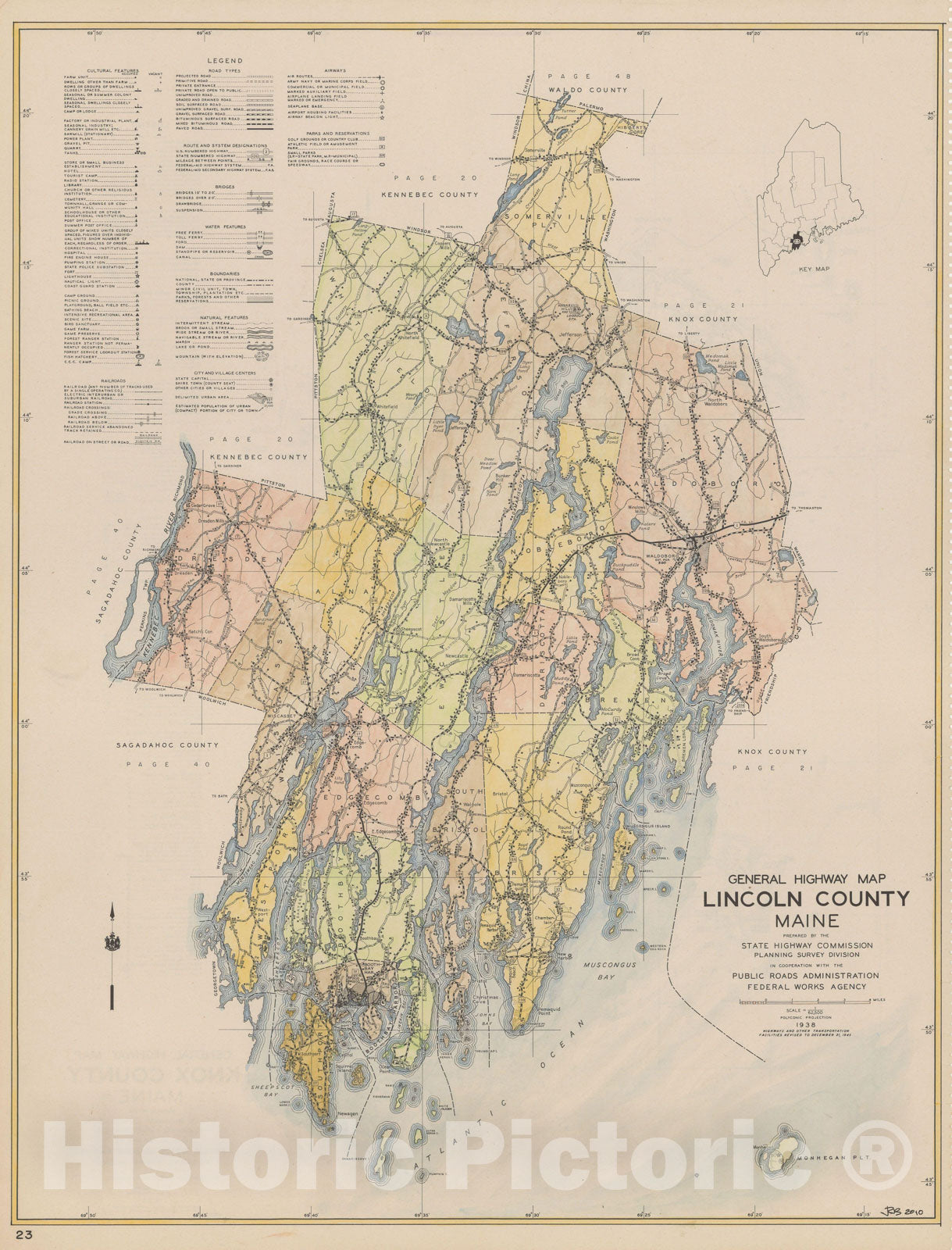 Historic Map : Maine General Highway County Maps, Lincoln 1938 Plate 023 , Vintage Wall Art