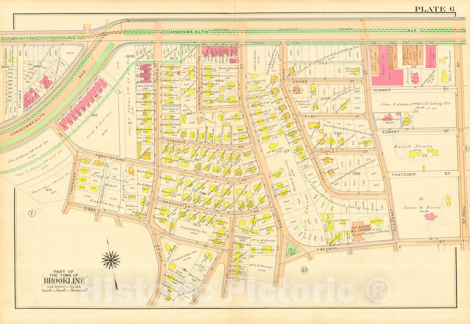 Historic Map : Atlas Town of Brookline, Norfolk County Massachusetts, Brookline 1913 Plate 006 , Vintage Wall Art