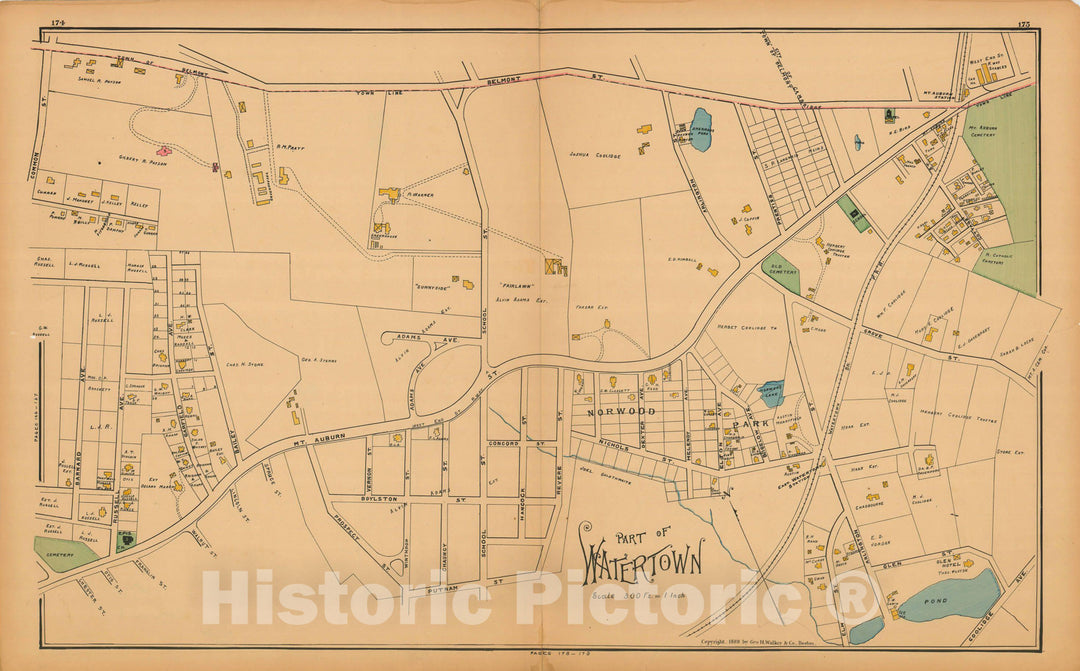 Historic Map : Atlas of Middlesex County, Massachusetts, Watertown 1889 , Vintage Wall Art