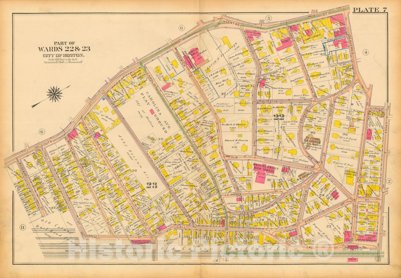 Historic Map : Atlas City of Boston, West Roxbury, Jamaica Plain 1914 Plate 007 , Vintage Wall Art