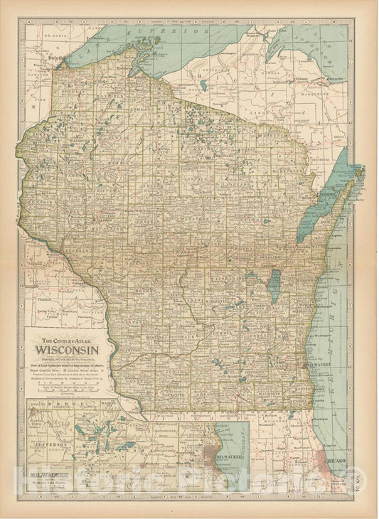 Historic Map : Wisconsin 1914 , Century Atlas of the World, Vintage Wall Art