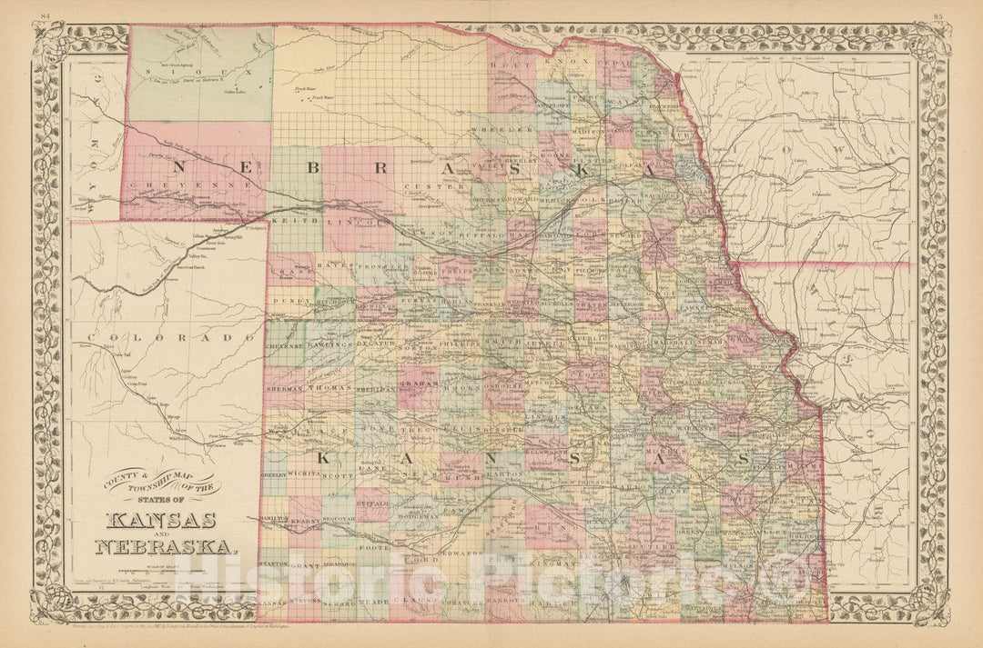 Historic Map : Kansas & Nebraska 1882 , Mitchell's New General Atlas , Vintage Wall Art