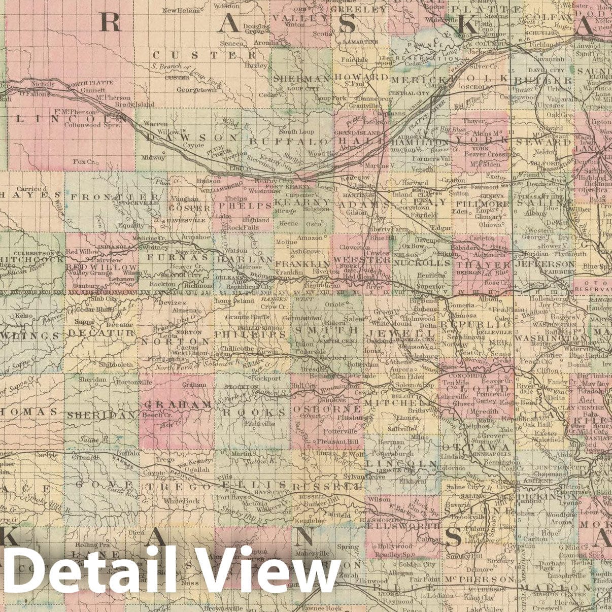Historic Map : Kansas & Nebraska 1882 , Mitchell's New General Atlas , Vintage Wall Art