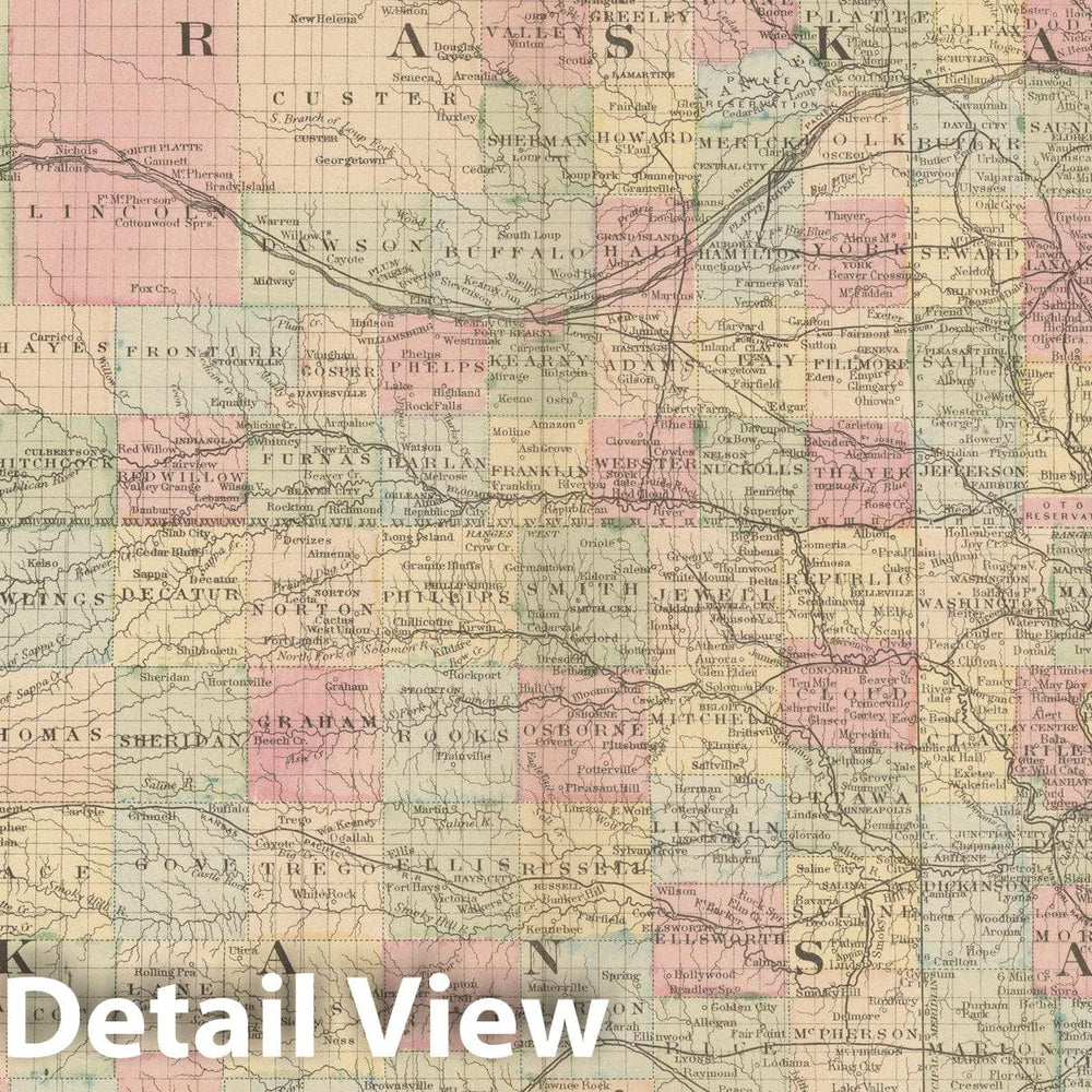 Historic Map : Kansas & Nebraska 1882 , Mitchell's New General Atlas , Vintage Wall Art