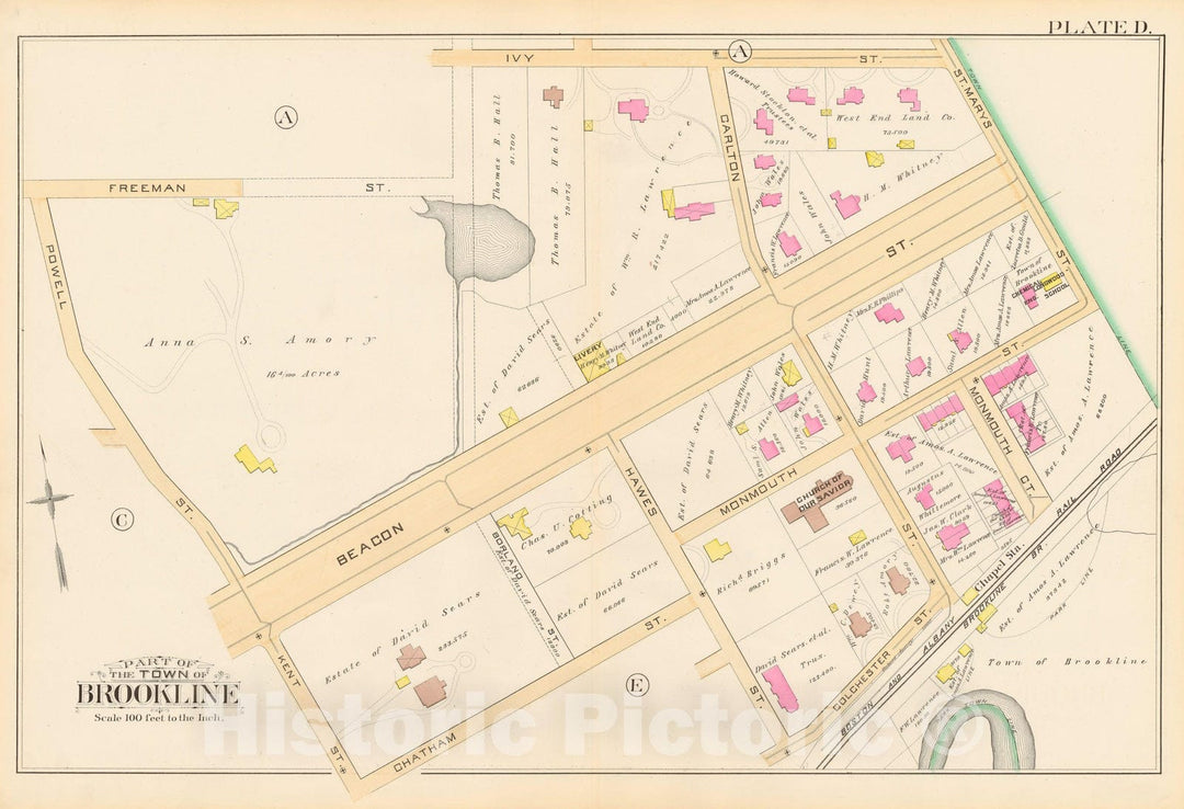 Historic Map : Atlas Town of Brookline, Brookline 1888 Plate D , Vintage Wall Art