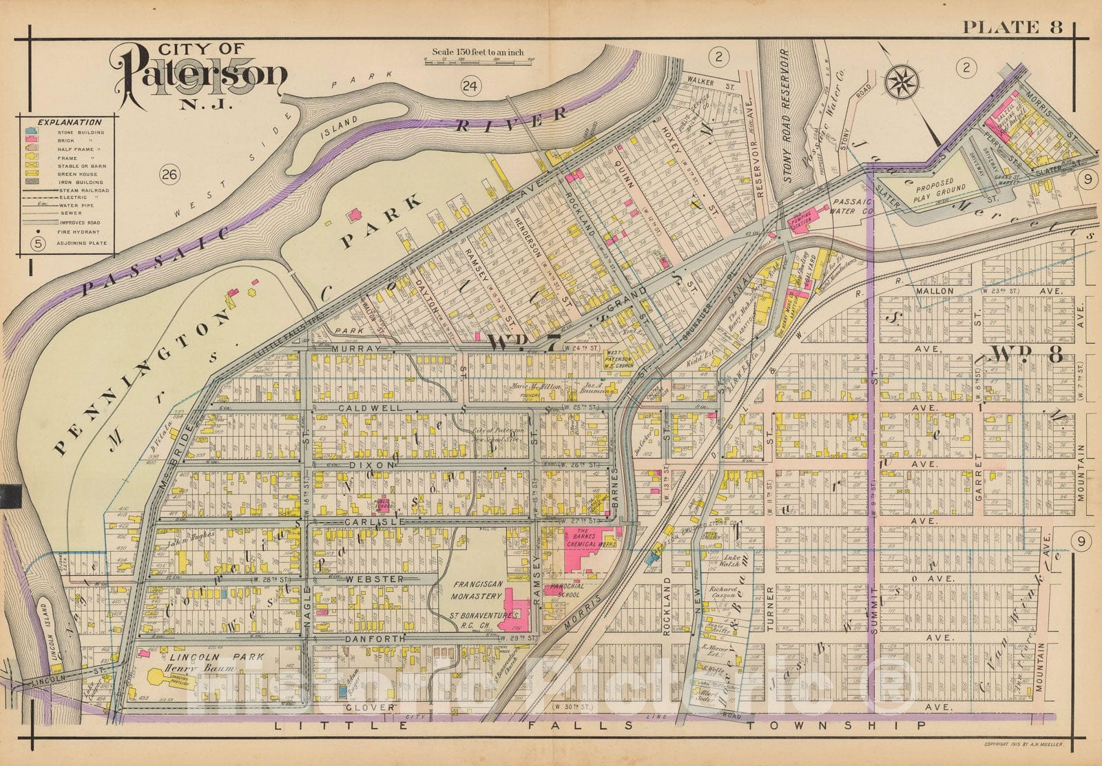 Historic Map : Atlas City of Paterson, New Jersey, Paterson 1915 Plate 008 , Vintage Wall Art