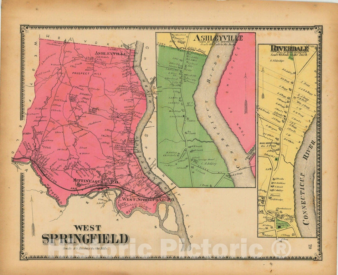 Historic Map : Atlas of Hampden County Massachusetts, West Springfield 1870 , Vintage Wall Art