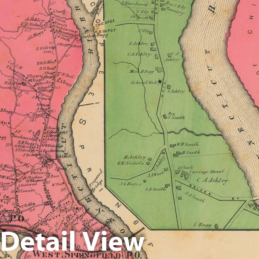 Historic Map : Atlas of Hampden County Massachusetts, West Springfield 1870 , Vintage Wall Art