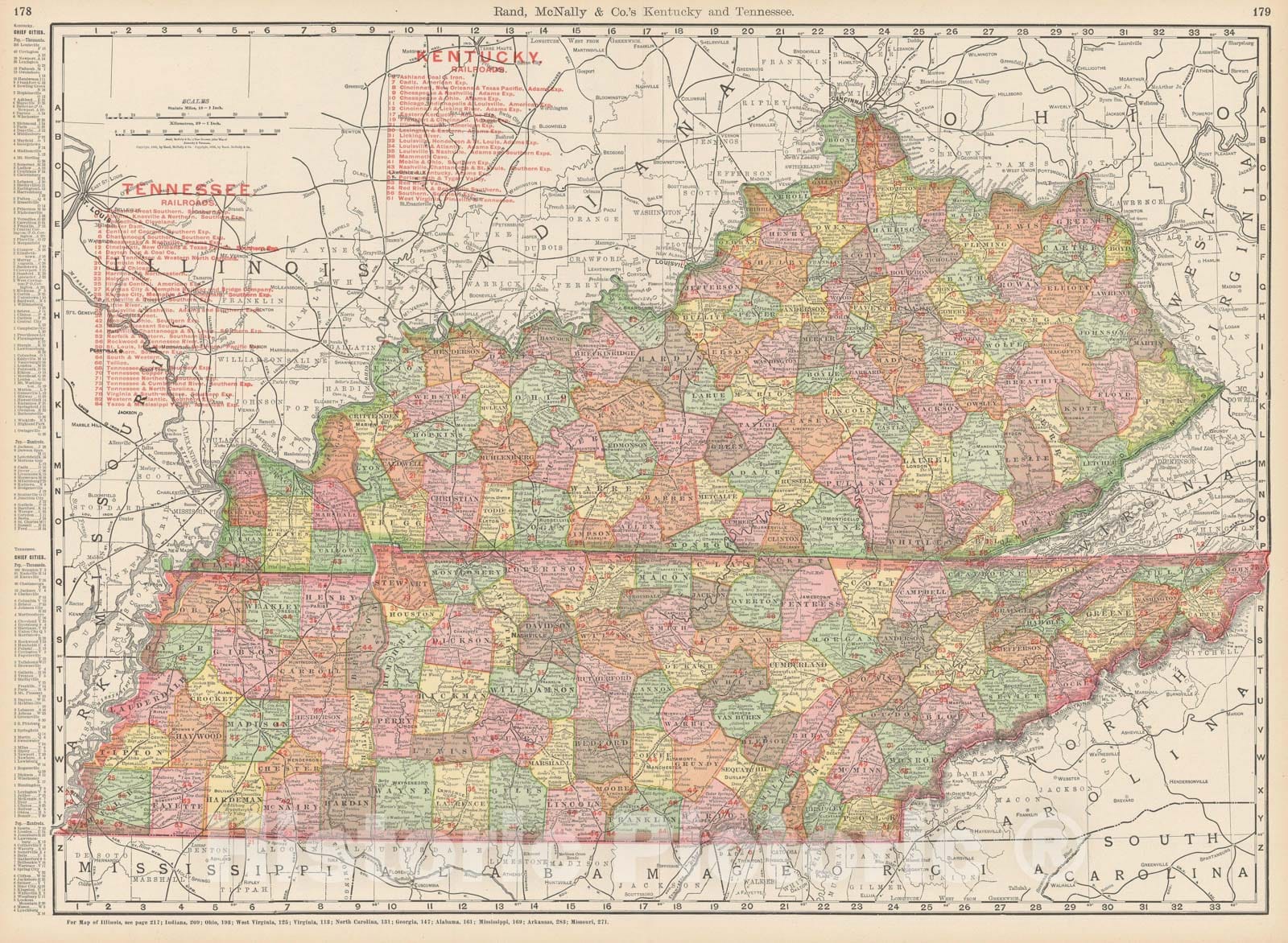 Historic Map : Kentucky & Tennessee 1903 , Rand McNally Business Atlas , Vintage Wall Art
