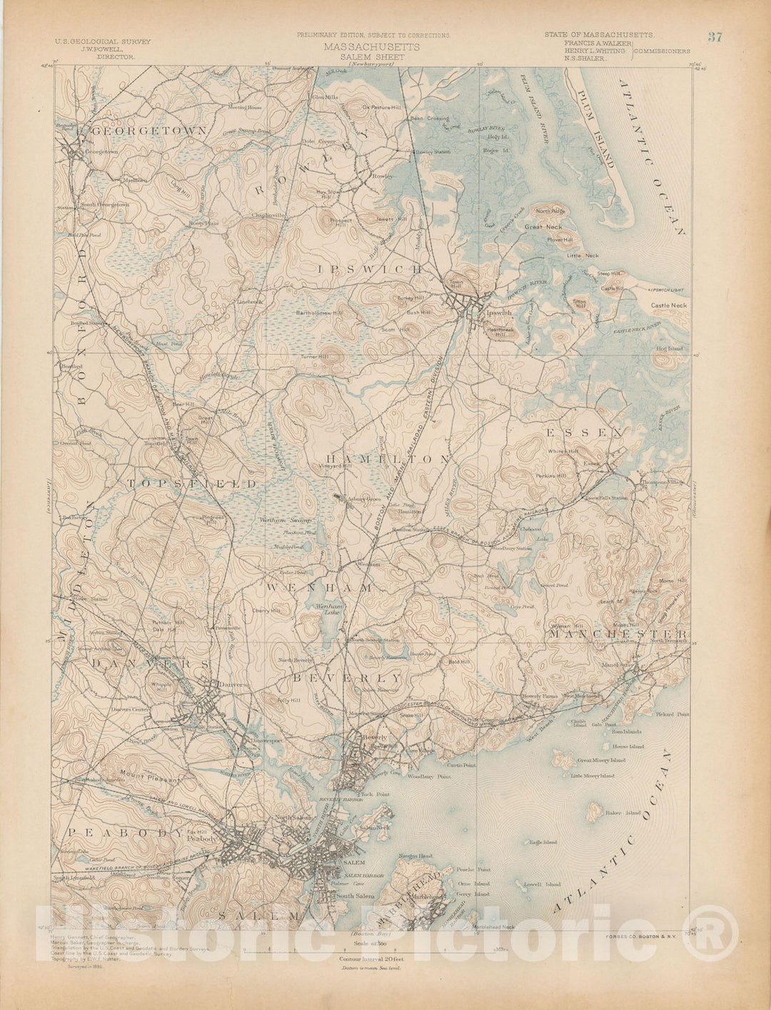Historic Map : Atlas of Massachusetts, Beverly & Ipswich & Peabody & Salem & Topsfield 1890 Page 37 , Vintage Wall Art