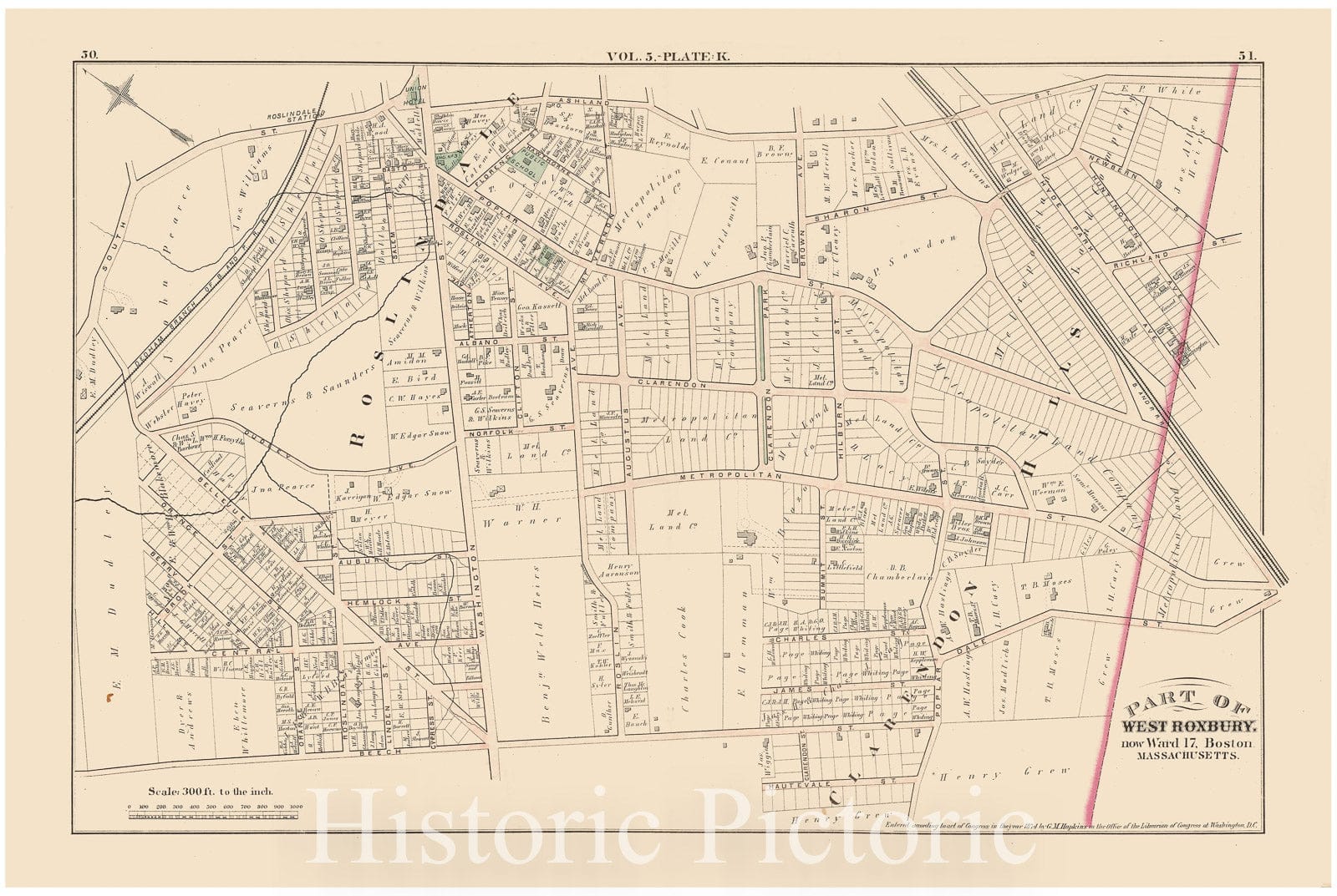 Historic Map : Atlas of County of Suffolk, MA, Vol. 5th, Roslindale & West Roxbury 1874 Plate K , Vintage Wall Art