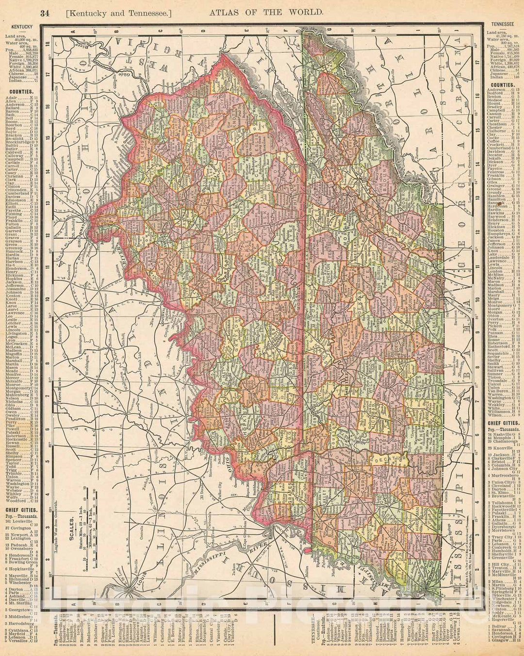 Historic Map : Kentucky & Tennessee 1900 , Universal Atlas World , Vintage Wall Art