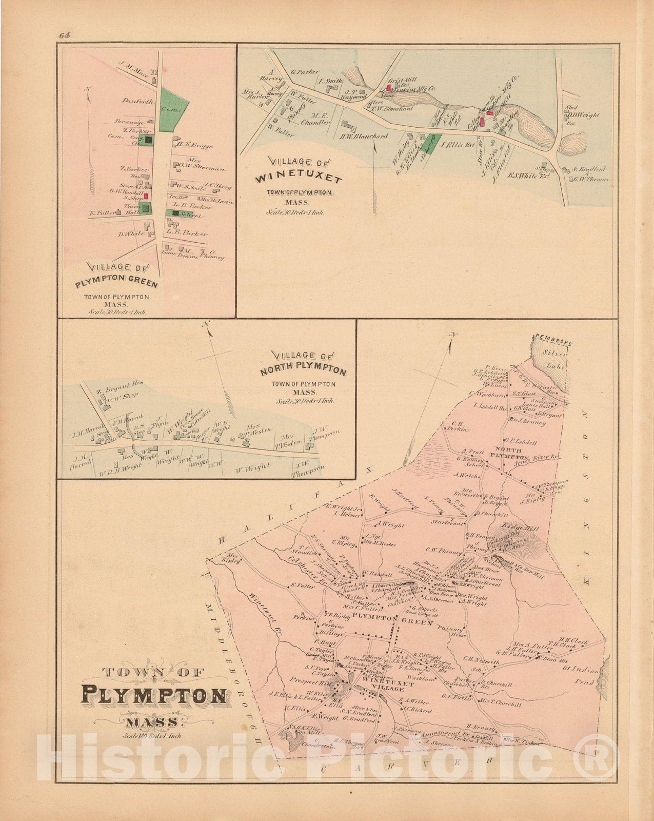 Historic Map : Atlas of Plymouth County Massachusetts, Plympton 1879 , Vintage Wall Art