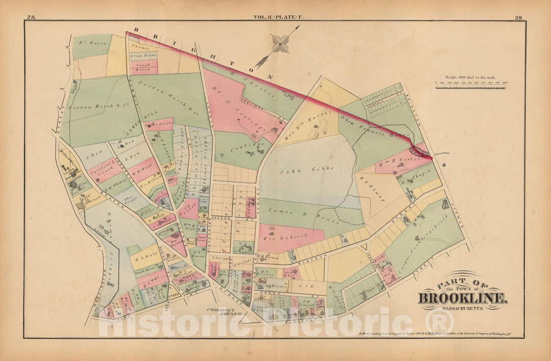 Historic Map : Atlas Town of Brookline, Brookline 1874 Plate F , Vintage Wall Art