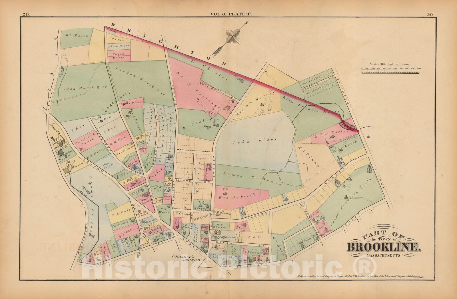 Historic Map : Atlas Town of Brookline, Brookline 1874 Plate F , Vintage Wall Art