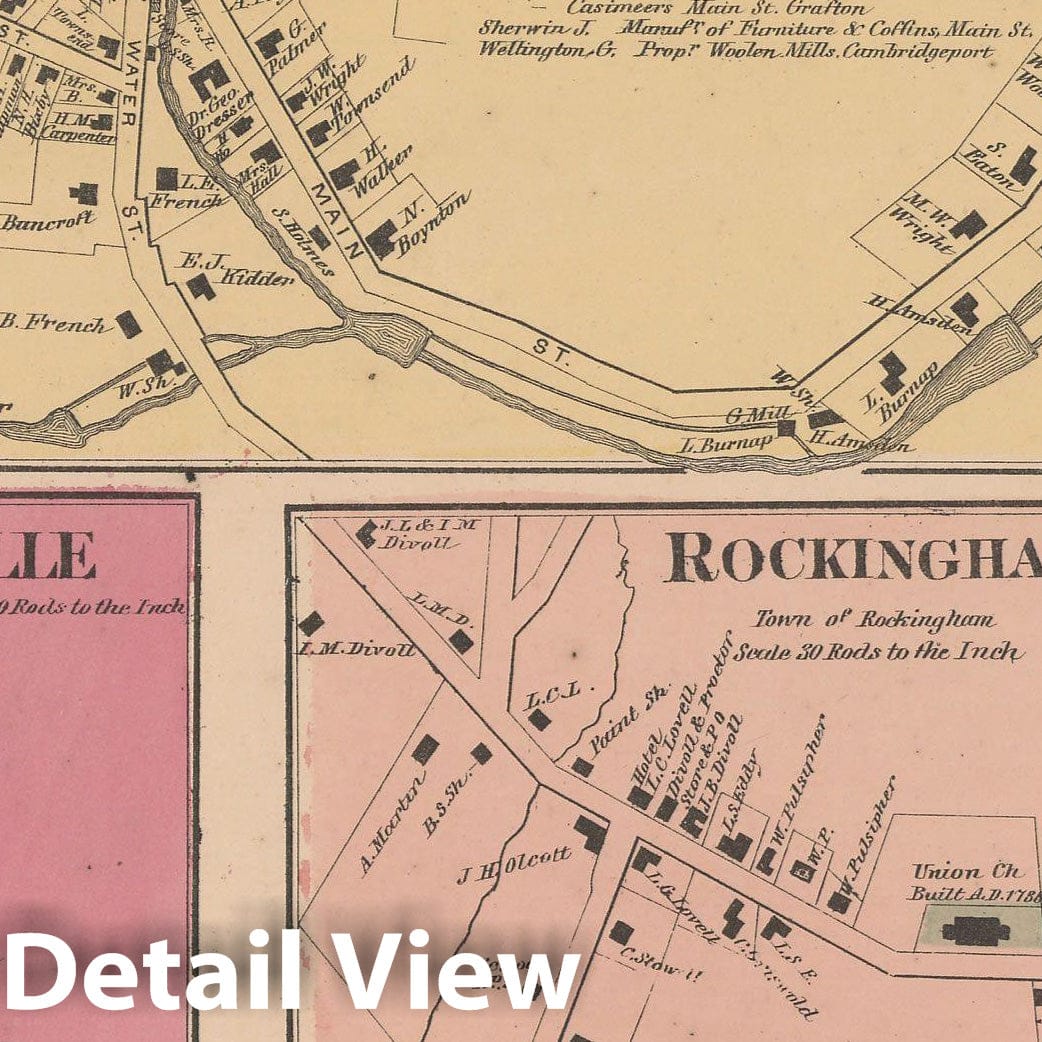 Historic Map : Atlas of Windham County, VT, Grafton & Rockingham 1869 , v2, Vintage Wall Art