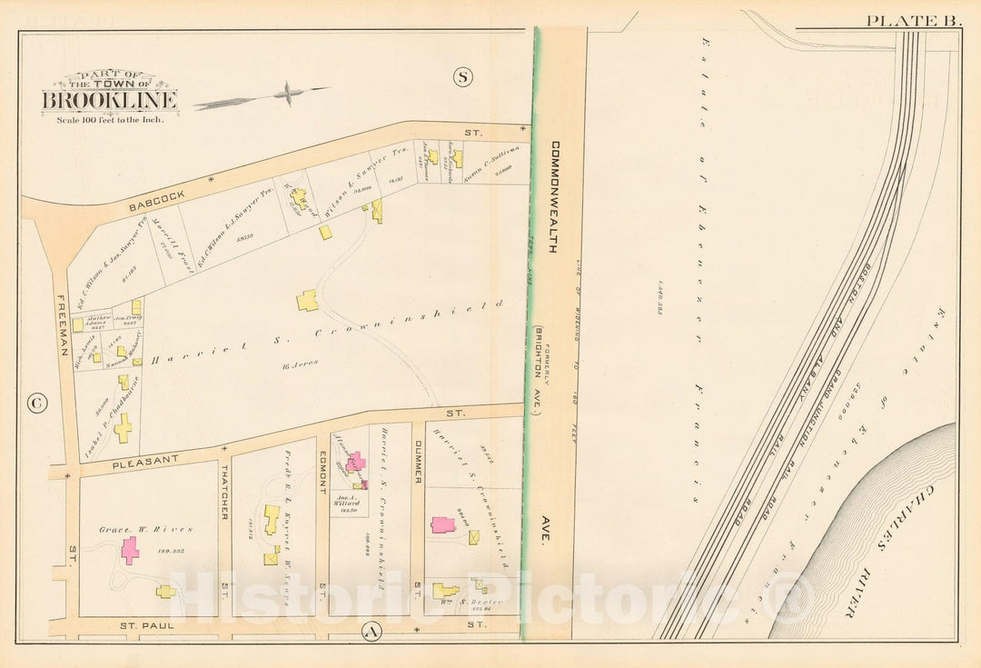 Historic Map : Atlas Town of Brookline, Brookline 1888 Plate B , Vintage Wall Art
