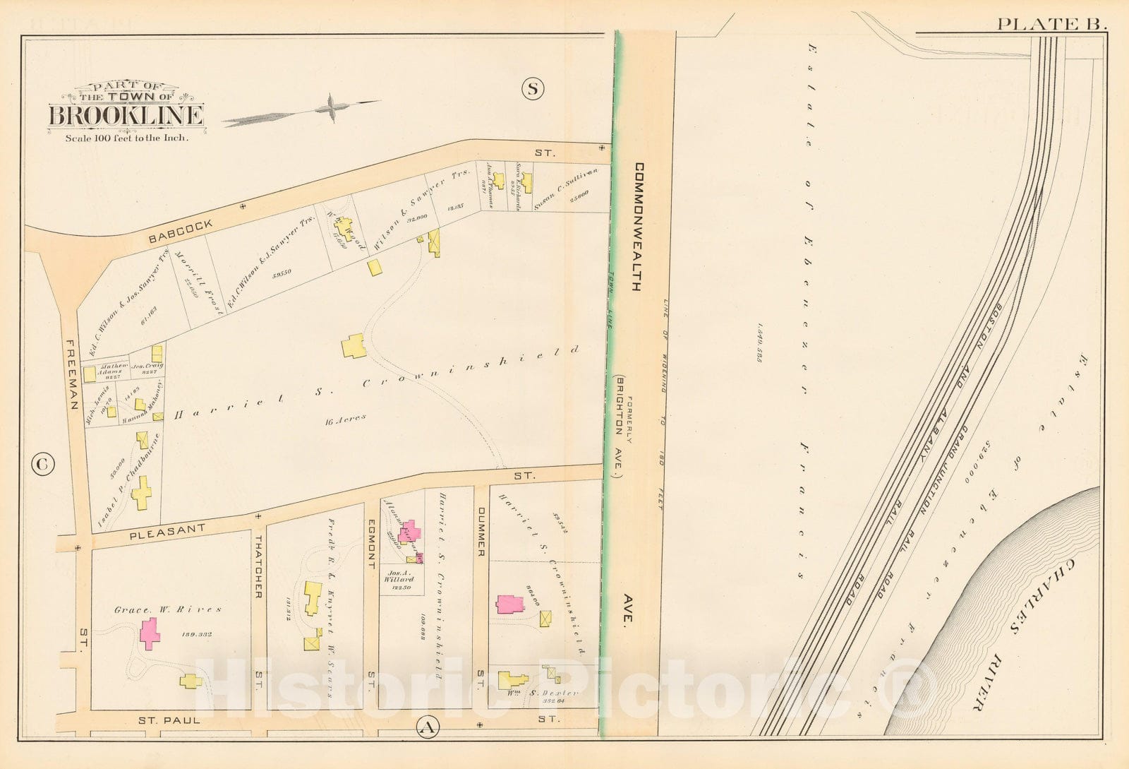 Historic Map : Atlas Town of Brookline, Brookline 1888 Plate B , Vintage Wall Art