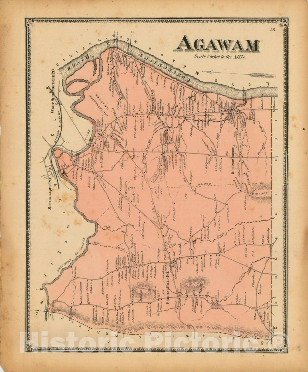Historic Map : Atlas of Hampden County Massachusetts, Agawam 1870 , Vintage Wall Art