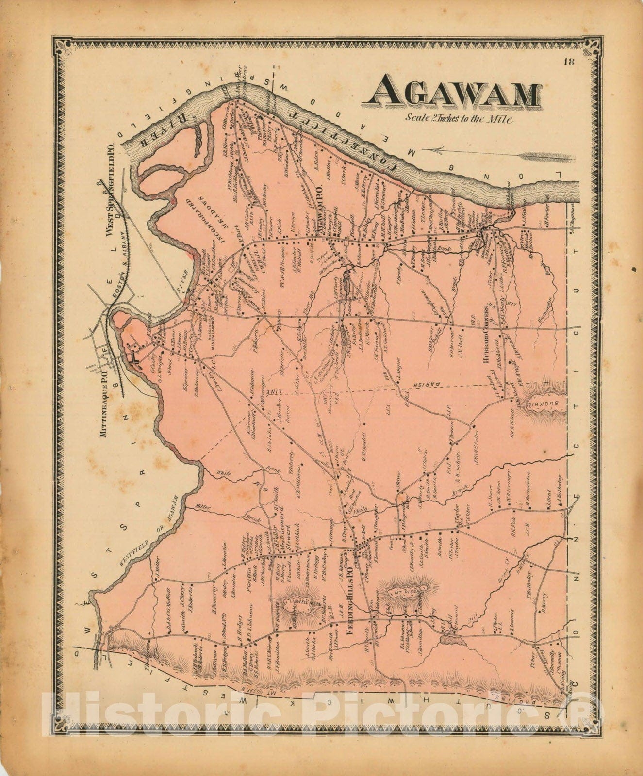 Historic Map : Atlas of Hampden County Massachusetts, Agawam 1870 , Vintage Wall Art
