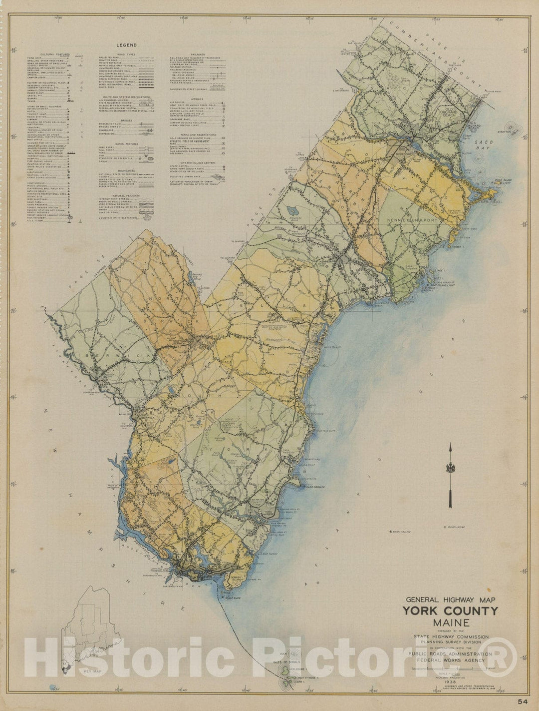 Historic Map : Maine General Highway County Maps, York 1938 Plate 054 , Vintage Wall Art