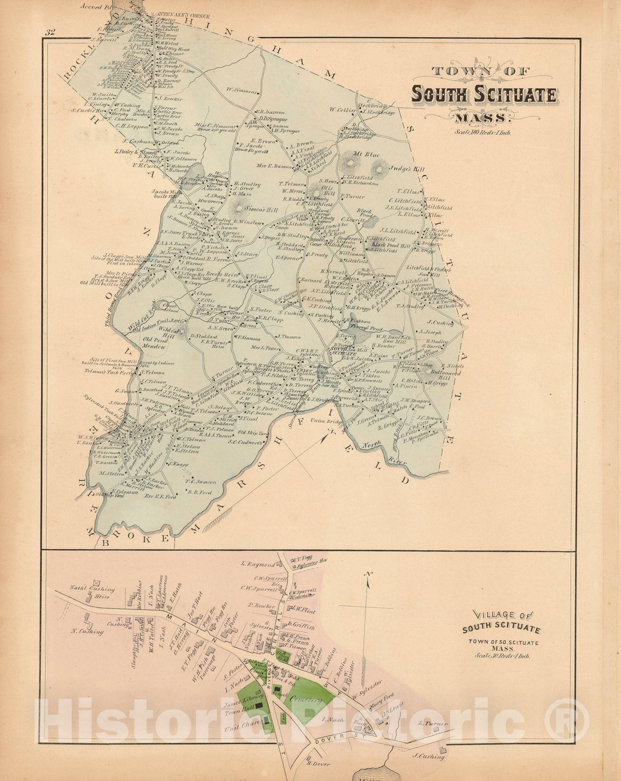 Historic Map : Atlas of Plymouth County Massachusetts, Scituate 1879 , v3, Vintage Wall Art