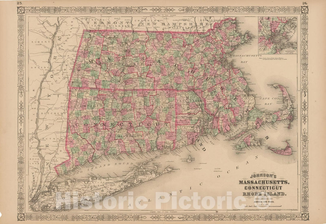 Historic Map : Connecticut & Massachusetts & Rhode Island 1864 , Vintage Wall Art