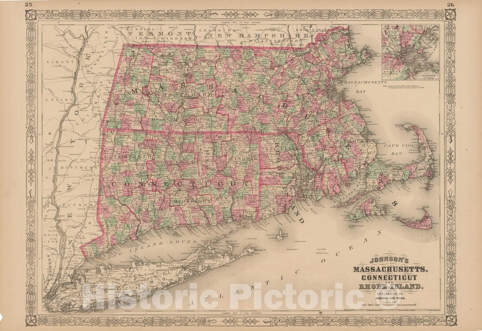 Historic Map : Connecticut & Massachusetts & Rhode Island 1864 , Vintage Wall Art