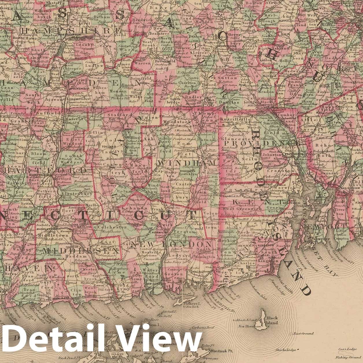 Historic Map : Connecticut & Massachusetts & Rhode Island 1864 , Vintage Wall Art
